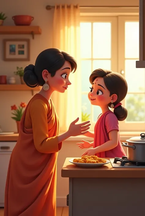 Creat cenematic cartoon style "The Saas is cooking a meal, looking at the Bahu with a loving expression.

