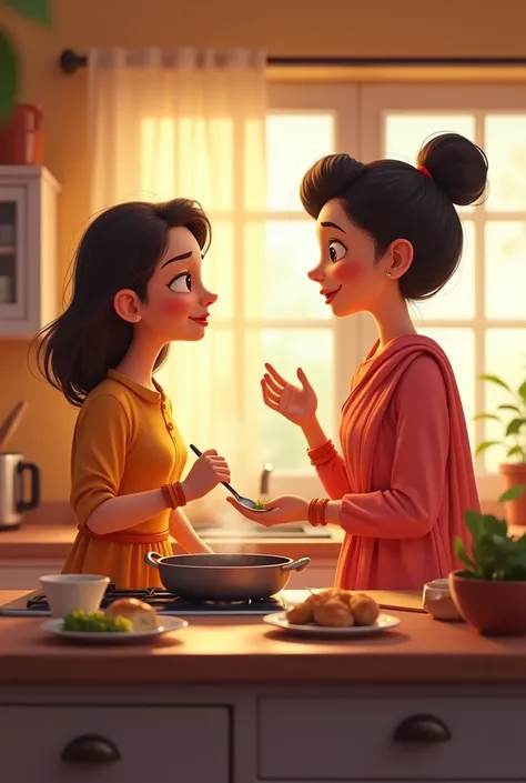 Creat cenematic cartoon style "The Saas is cooking a meal, looking at the Bahu with a loving expression.

