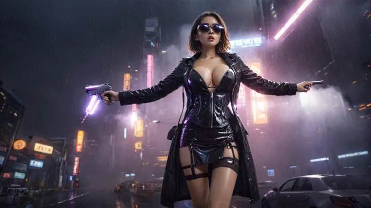 Blade Runner style futuristic Tokyo city, flying cars, neon lights, rainy night. (1girl, solo, alone), large-breast:1.2 slim:0.9 body, oval:0.8 face, cleavage:1.1, sexy laced lingerie, low angle view of miniskirt, jacket, (black micro sunglasses), (holding...