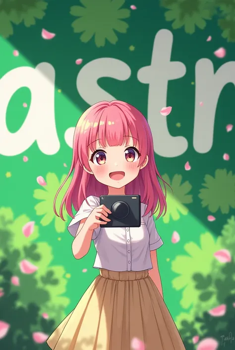 anime sakura taking a selfie with a green wall with the word ABSTRACT letters which is written on the wall clearly 