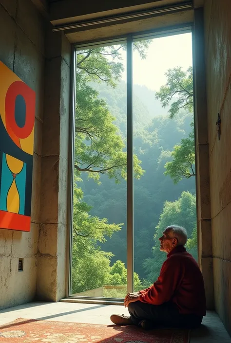 interior of brutalist style housing unit, neoplastic paintings as walls, an old person looking the forest landscape through a tall window, very detailed, octane render, hyperrealistic picture