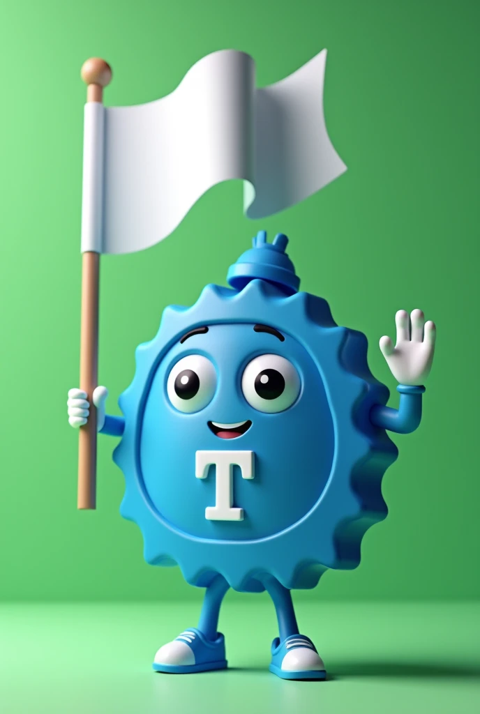 Create a mascot for a politician in the shape of a blue bottle cap, heroine dress, with a T on the chest, holding a white flag, running for mayor, with 3D green background