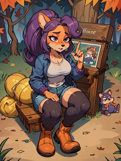 furry anthro bandicoot girl, dark purple hair with a voluminous ponytail, dark-blue sports jacket,dark brown shorts, black tights and boots. Cozy autumn atmosphere, , the forest, autumn.