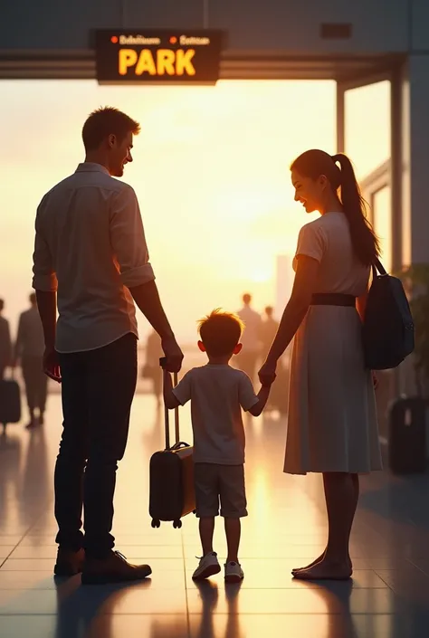 Generate a photo where boy is saying good bye to his family he has trolly bag in his hand. In front of him his parents mother and father are there. In back side of the boy there is airport. Show pov from backside of parents . Boy is 1 show parents in front...