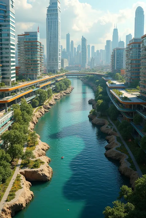 Make an architectural section of the Arzobizpo River in Bogotá in 200 years