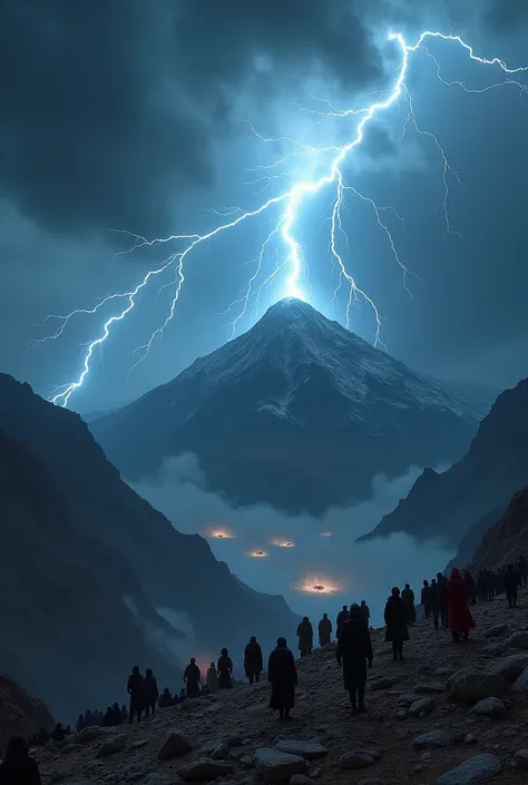 Extreme thunderstorm in Sinai mountains; numerous impressive lightning bolts, lightning bolts, thunder and lightning; A terrible darkness covers the summit of the mountain, creating a spectacle of terror and amazement; A numerous people wait with great fea...