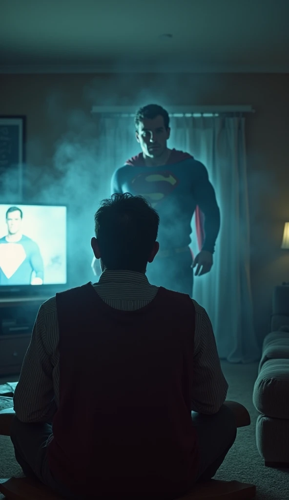 **A 50-year-old man sitting on the sofa watching a Superman movie suddenly noticed the TV screen glowing brightly, casting a surreal light throughout the room, as if something extraordinary was about to happen. He suddenly turned into a superhero. man. man