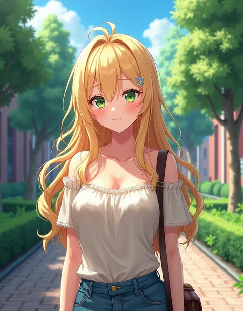 2.5D Masterpiece Anime. A 22 year old college girl with long wavy blonde hair. Green eyes. In a college courtyard. Light and natural makeup. Smirking. Cute, slightly provocative clothing.