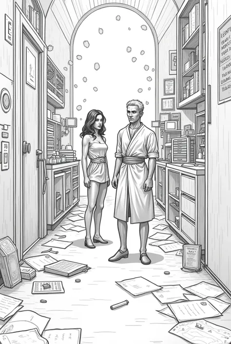 Create a lineart illustration Scene: Create a scene with Dhorion and Mel in the hallway of the laboratory or office, surrounded by documents and dark magic equipment. Add a touch of visible dark magic to the environment, such as an aura or runes, to show t...