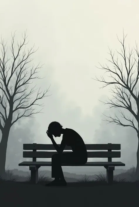 A minimalist image in shades of gray, showing a person sitting alone on an empty park bench, seen from the side, slightly bent forward, with elbows resting on knees and hands clasped, conveying introspection and melancholy. In the background, trees with fe...