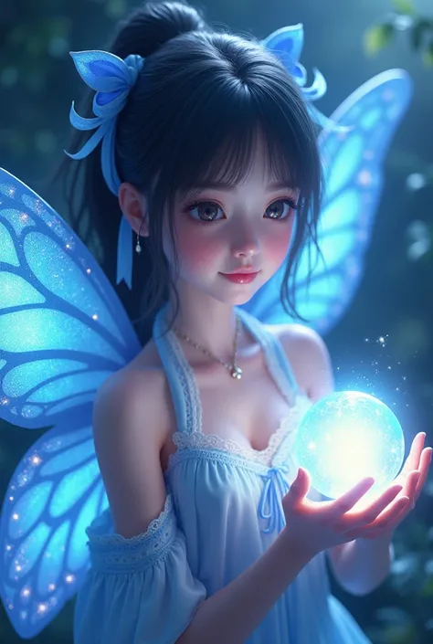 Animated girl with blue butterfly wings tied with ribbon holding glowing sphere in her hand, heavenly beauty, fantastic fantasy, ethereal essence, ethereal animation, beautiful digital art, beautiful fairy, beautiful fantasy animation, beautiful digital ar...