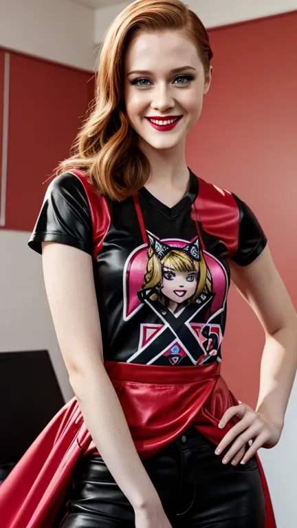 Evan Rachel Wood wearing gamer girl clothes with lipstick and smiling