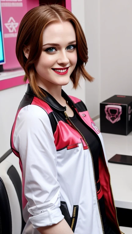 Evan Rachel Wood wearing gamer girl clothes with lipstick and smiling