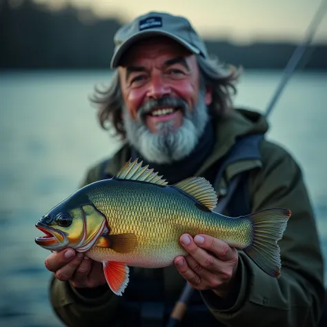 An angler shows off his catch of the day with a smile of satisfaction and pride on his face. Use close-up to capture the expressions and fish. Beautiful cinematic lighting, surreal, color graded, dynamic movement, captivating chiaroscuro, full body, award-...