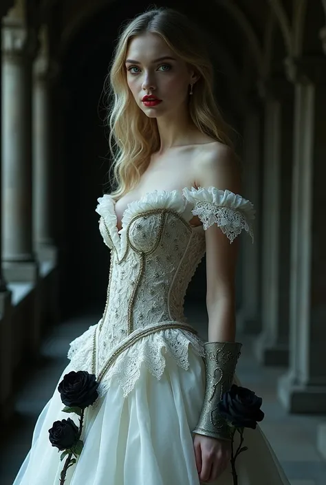 Julie Bell art, of a female vampire, exquisite beauty, full body shot, dark glamour shot,  pale white skin, dark blond hair, long hair, wavy hair, blood red lips, glowing grey eyes,  she  wears a (white lace dress: 1.3) exquisite, beautiful, half sheer dre...