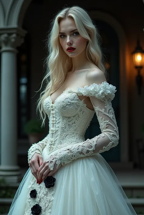 Julie Bell art, of a female vampire, exquisite beauty, full body shot, dark glamour shot,  pale white skin, dark blond hair, long hair, wavy hair, blood red lips, glowing grey eyes,  she  wears a (white lace dress: 1.3) exquisite, beautiful, half sheer dre...