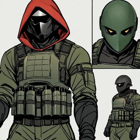 high detailed, Male, full-face helmet. The helmet should be a matte black with a smooth, curved surface, Redhood helmet, Jason toods helmet, Black and grey bodysuit, tight shirt, Cropped Jacket, Dark green jacket. webbing rig, tactical bandolier, padded el...