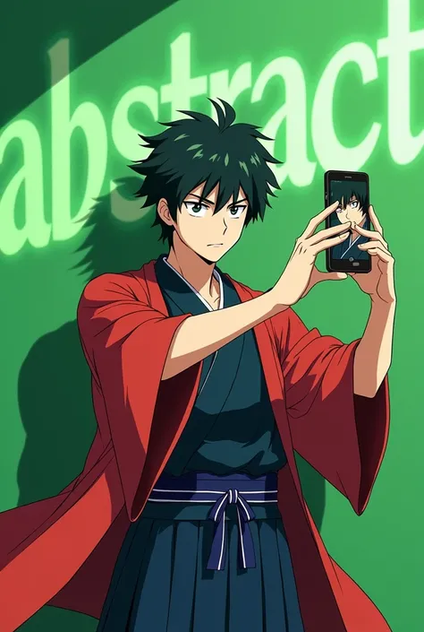 anime tanjiro taking a selfie with a green wall with the green words ABSTRACT which is written on the wall clearly 