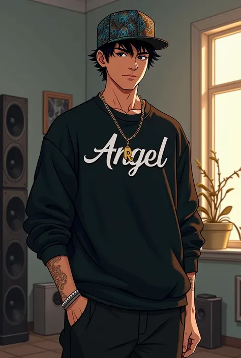 teenager man, Masculine traits, image only half body,  Hip hop style head cap with peacock print, black eyes, standing in a room with grey walls with black furniture and bright lights, slave chain with the initial Arx in gold, Loose black sweatshirt with a...