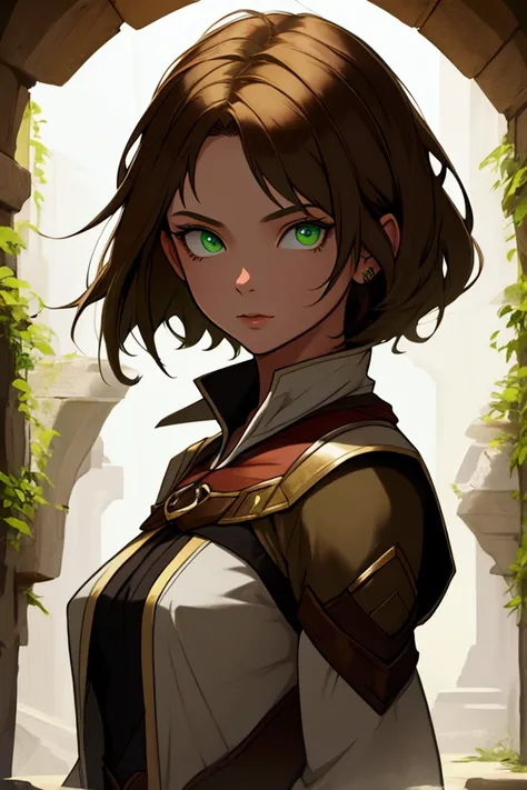 1 girl, short brown hair, green eyes, arcane style