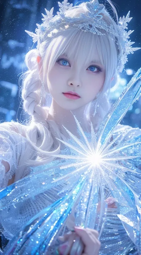 Snow style, Ethereal fantasy concept art of {(Sparkling snow fairy with icicle crown spinning in the air, Transform the cold air into charming snowflakes. They built a crystal palace for the grand Christmas ball，A winter ballet begins.:1.4), Center, symmet...