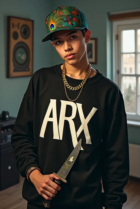 teenager man, Masculine traits, image only half body,  Hip hop style head cap with peacock print, black eyes, standing in a room with grey walls with black furniture and bright lights, slave chain with the initial Arx in gold, Loose black sweatshirt with a...