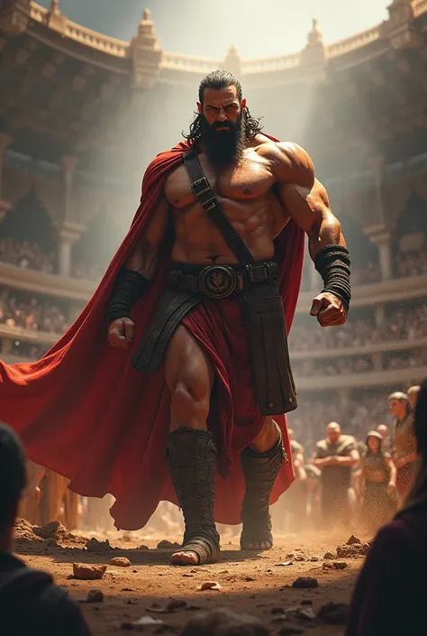 The arena falls silent as the mighty Ares steps forth, his muscular form casting an imposing shadow. His eyes burn with the intensity of a thousand battles as he scans the crowd, daring any challenger to face him. With a thunderous roar, he raises his fist...