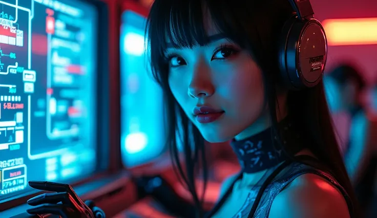 a portrait of a pretty young woman, cool，gundamwingcockpit, futuristic, scifi, plugsuit, transparent latex, goth, dark lips, large breasts, solo, black hair，straight hair, gloves, dutch angle, smirk, controls, joystick, holographic interface, technology, c...