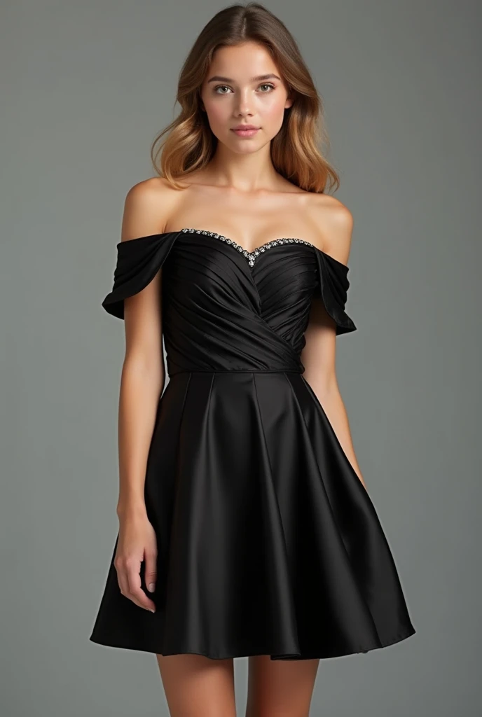 Off-the-shoulder black tafta dress short for teen