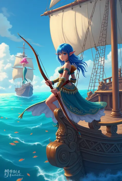 Create an anime style elf with shoulder length hair in blue, blue eye, with a bow and arrow on his back. Have her stand on the bow of a pirate ship and wave to a pink-haired mermaid who is pointing the way to a treasure at sea.