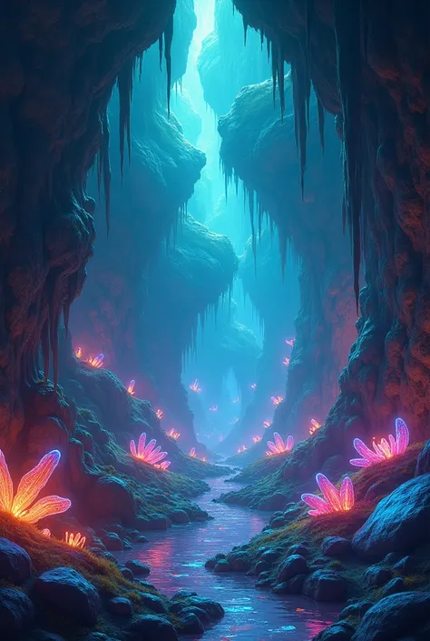 generates an image in a dark cave animated more animated more colorful and animated




