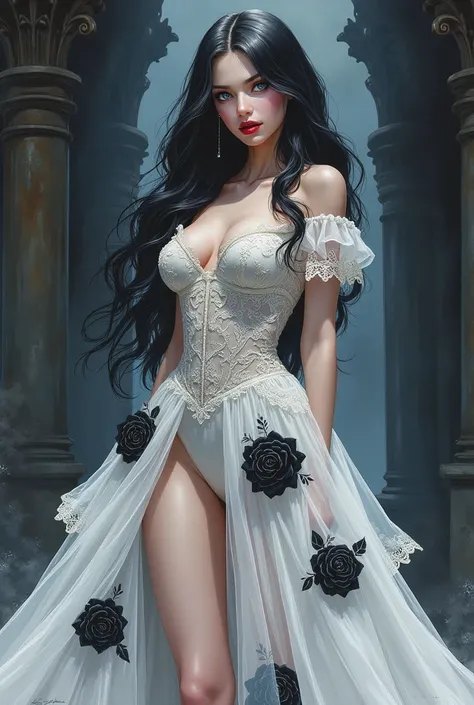 watercolor anime comic art of a female vampire, exquisite beauty, full body shot, dark glamour shot, busty, pale white skin, dark blond hair, long hair, wavy hair, blood red lips, glowing grey eyes,  she  wears a (white lace dress: 1.3) exquisite, beautifu...