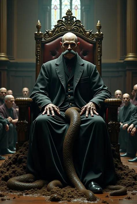 Draw Voldemort but with a mustache and mature features on a throne made of poop.  In a court of law 