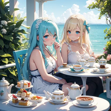 White House by the Sea、Chubby girl enjoying afternoon tea on a white terrace。Teal blue eyes、Blonde long hair、Ahoge。