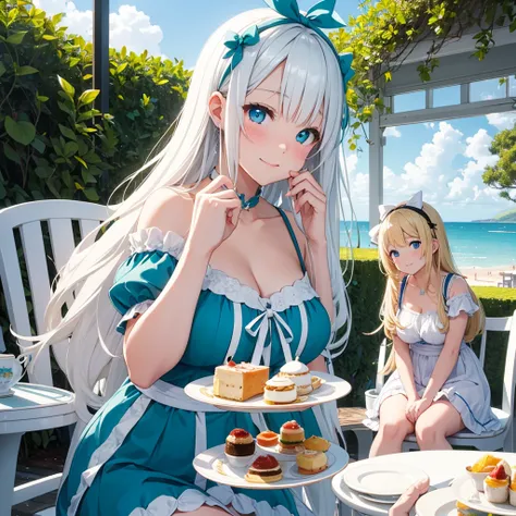 White House by the Sea、Chubby girl enjoying afternoon tea on a white terrace。Teal blue eyes、Blonde long hair、Ahoge。