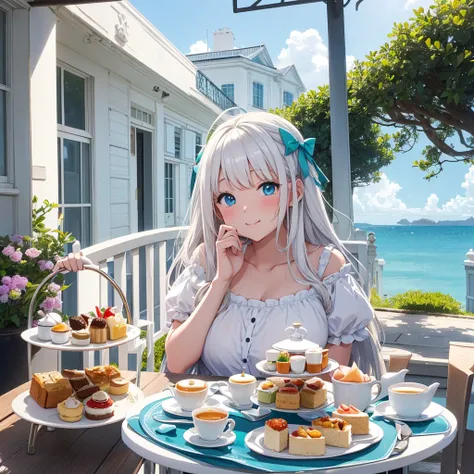 White House by the Sea、Chubby girl enjoying afternoon tea on a white terrace。Teal blue eyes、Blonde long hair、Ahoge。