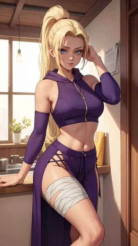 ino yamanaka, long hair, blonde hair, ponytail, high ponytail, blue eyes,bare shoulders, detached sleeves, bandages, bandaged le...