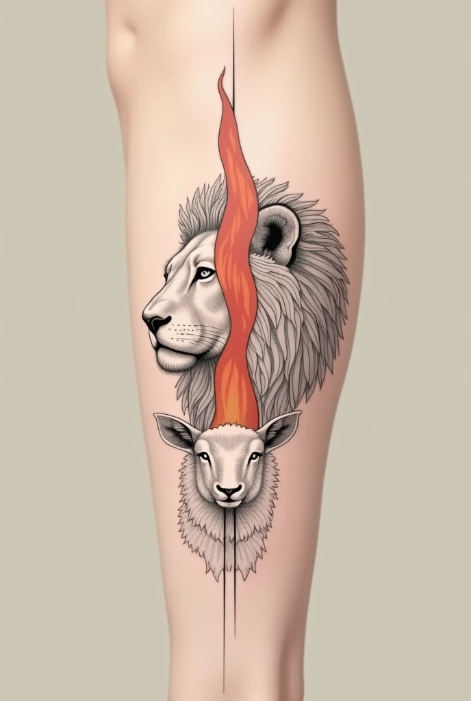  Minimalist tattoo of a lion&#39;s face looking to the left. A lamb&#39;s face below looking to the right and a large flame between them. 
