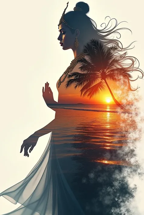 high quality, 8K Ultra HD, A beautiful double exposure that combines an indian goddess silhouette with sunset coast, sunset coast should serve as the underlying backdrop, with its details incorporated into the goddess , crisp lines, The background is monoc...