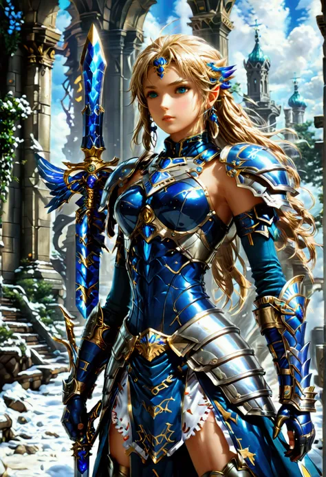 (lenneth from 'valkyrie profile':1.4), break: bright_gold_trimmed_sapphire_blue_plate mechanical_armor, (damaged chest armor exp...