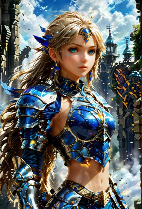 (lenneth from 'valkyrie profile':1.4), break: bright_gold_trimmed_sapphire_blue_plate mechanical_armor, (damaged chest armor exp...