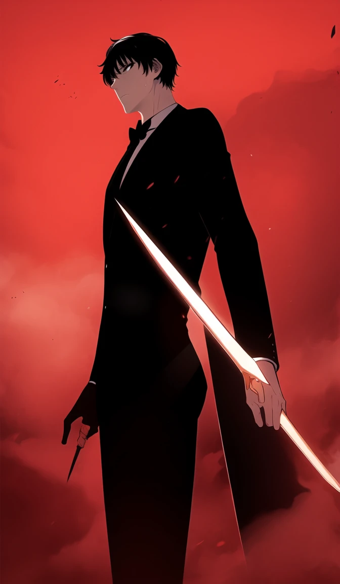 a young man with black hair, cups, a black suit and a black tie, fighting with a sword, in a gloomy atmosphere full of fog, a re...