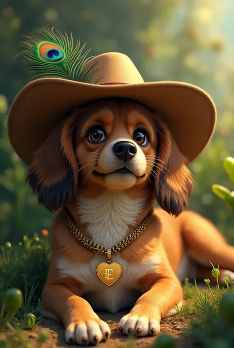 LYING DOG WITH A COWBOY HAT WITH A PEACOCK FEATHER, black eyes, IN A LANDSCAPE OF HERBS, WITH A GOLD NECKLACE WITH THE INITIAL AND THE PENDANT WITH THE INITIAL A , realistic disney , warm colors, by Greg Rutkowski, by Alphonse Mucha