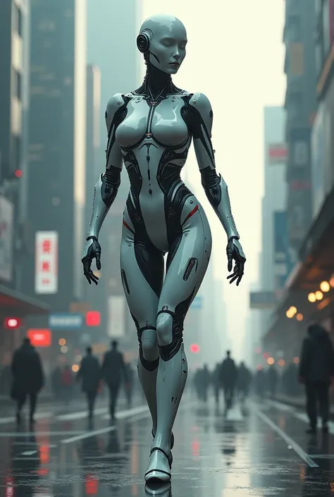 Cyborg in the big city, high quality, absurdres, masterpiece, beautiful, intricate details, 1/2 body crop, slim body, beautiful figure, magnificent anatomy, (intricate details:1.12), HDR, (intricate details, hyper-detailing:1.15), (natural skin textures, h...