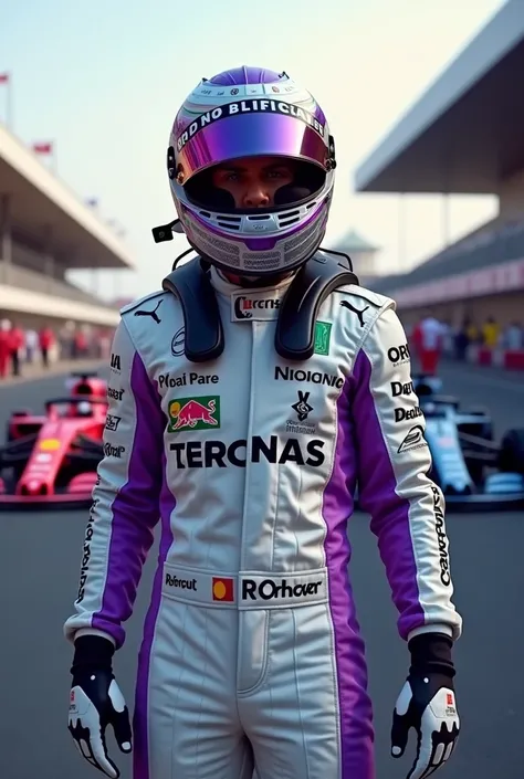 formula 1 racer with helmet white and purple costume 