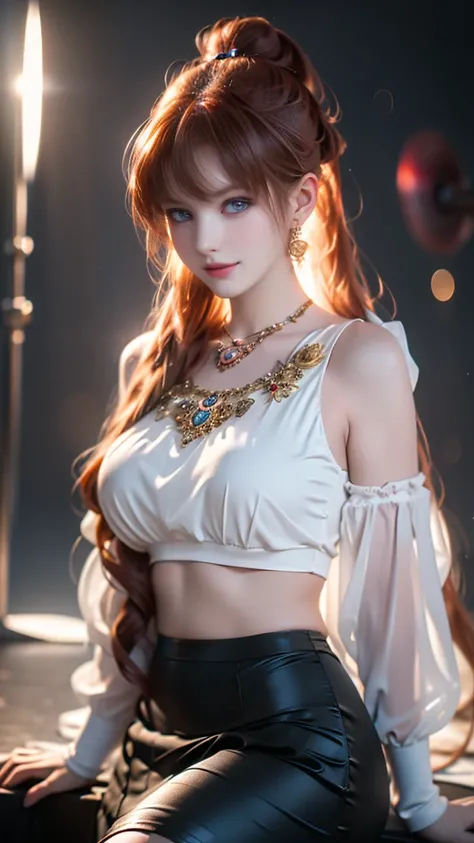 (best quality, 8k, masterpiece, ultra-detailed),vintage Woman 32 years-old,red straight hair,bangs,beautiful detailed face, big eyelashes,ponytail,little smile,small breasts,minimum waist,black perspex blouse,mini skirt,jewerly,photographic studio lights