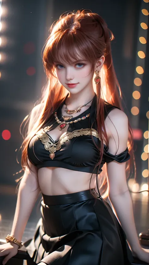 (best quality, 8k, masterpiece, ultra-detailed),vintage Woman 32 years-old,red straight hair,bangs,beautiful detailed face, big eyelashes,ponytail,little smile,small breasts,minimum waist,black perspex blouse,mini skirt,jewerly,photographic studio lights