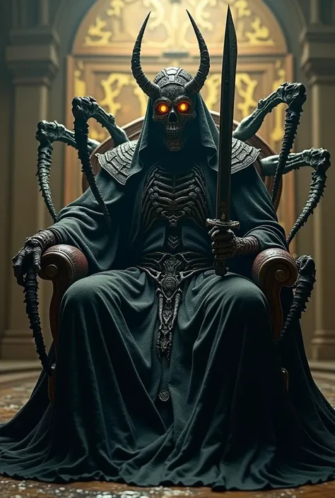 sitting on the throne, king of the dead with a crown of bones, black web robe, web, with a black blade in his hand, fantasy, dramatic photo, dynamic photo, full body view,  model poses, blurred background, highly detailed, ultra-realistic, 8k, (realistic:1...