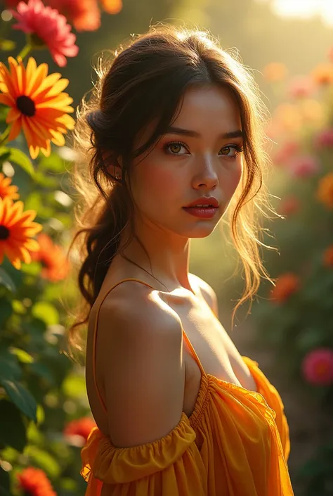 a woman in a garden, standing in the sunlight, surrounded by blooming flowers, beautiful detailed eyes, beautiful detailed lips, extremely detailed eyes and face, long eyelashes, elegant dress, serene expression, detailed foliage, lush greenery, warm light...