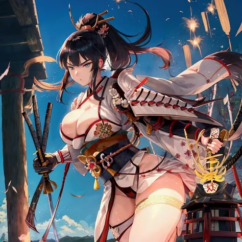 (Japanese women)、(Warrior Princess)、(Goddess of War)、(Black Hair)、(ponytail)、(Old Japanese Armor)、((Holding the Japan sword))、(True to prompts)、(Deluxe)、(Glaring with sharp eyes)、(Super big breasts),(battlefield)、(grassland)、((A large number of soldiers))、...